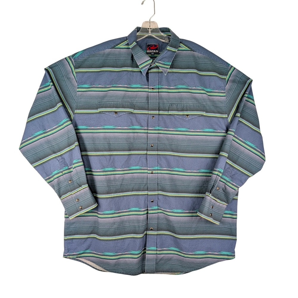 Roper Western Snap Shirt Mens 2XL Blue Striped Aztec Southwestern 100% Cotton